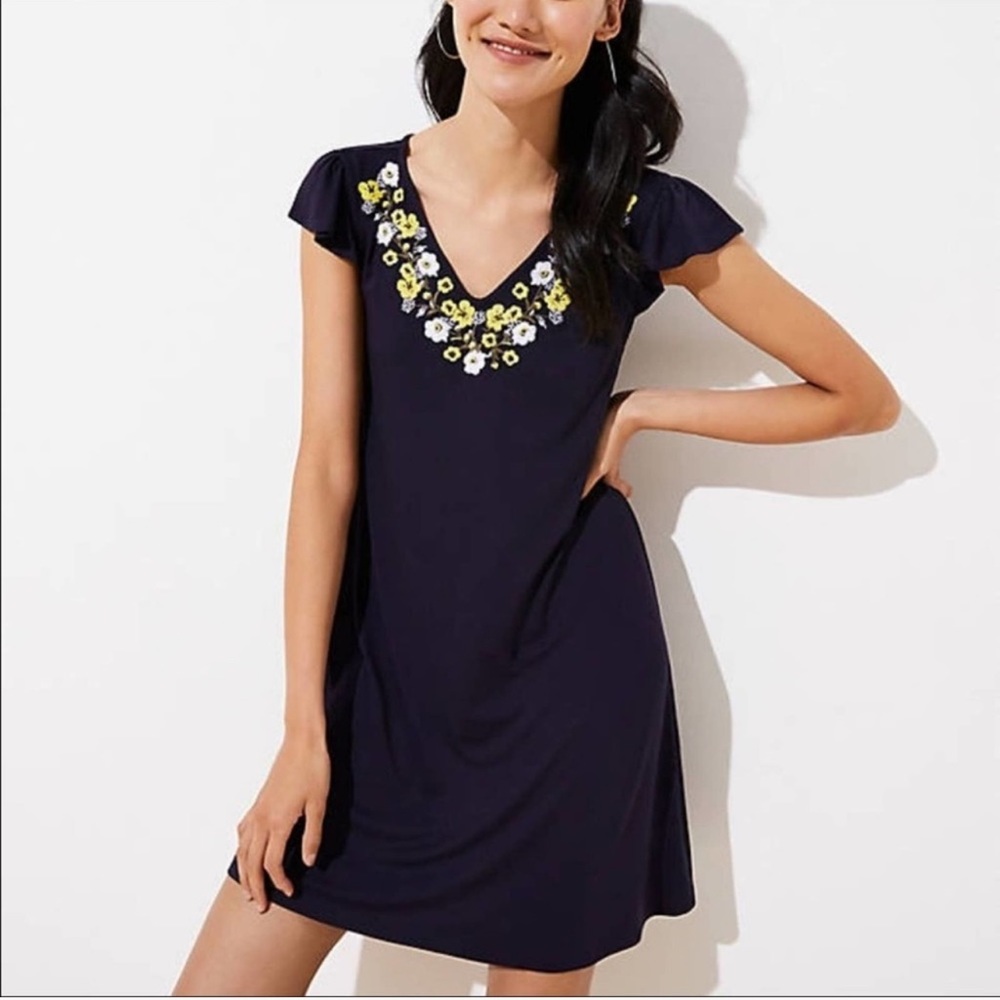 LOFT Navy Dress with Yellow Floral Embroidery